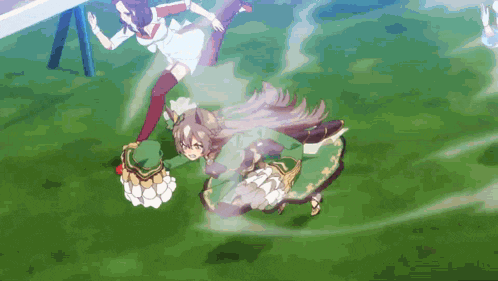 a girl in a green dress is being kicked by another girl in a white dress in a video game .