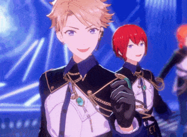 two anime characters are standing next to each other and one of them is wearing a glove