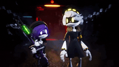 a couple of cartoon characters are standing next to each other in a dark room