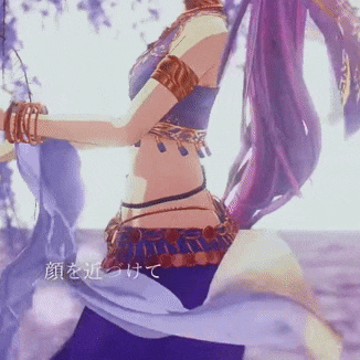 a woman with purple hair is wearing a blue skirt and a blue top