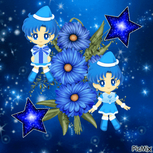 a picture of a girl surrounded by blue flowers and stars with picmix written on the bottom
