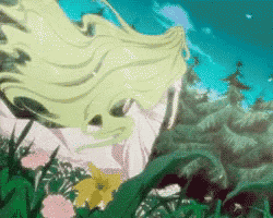 a cartoon of a woman with long blonde hair standing in a field of flowers