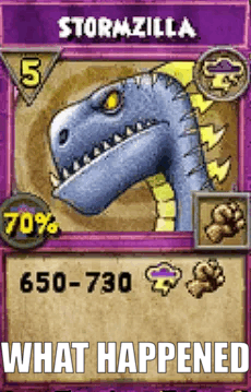 a card with stormzilla on it and the words what happened below it