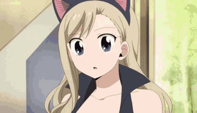a blonde anime girl wearing a cat ear headband looks surprised