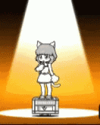 a cartoon cat is standing on top of a box in a spotlight .