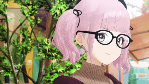 a girl with pink hair wearing glasses and a sweater