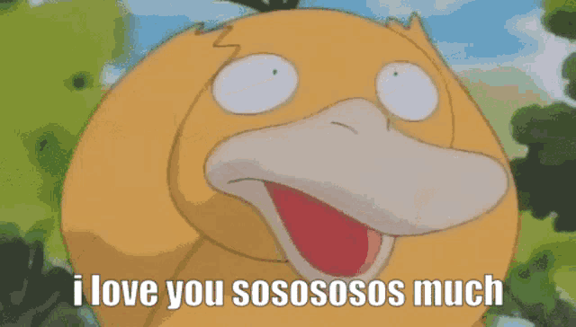 a cartoon duck is saying " i love you sososos much "