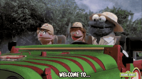 three sesame street characters are driving a green jeep with the words welcome to written on it