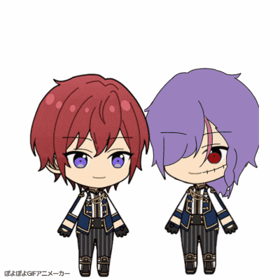 a couple of anime characters with purple hair and red eyes