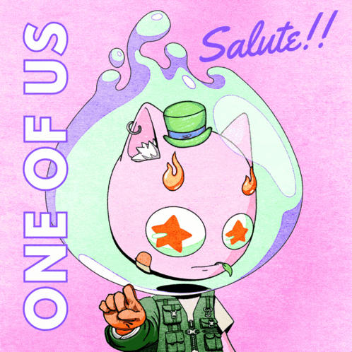 a cartoon drawing of a cat with a top hat and the words one of us salute