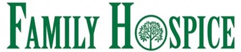 a green logo for family hospice with a tree in the center