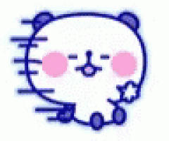 a cartoon panda bear with a pink cheek and a purple nose is running .