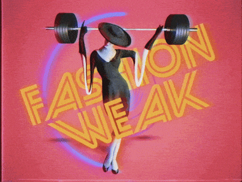 a woman in a black dress is lifting a barbell with the words fashion weak below her
