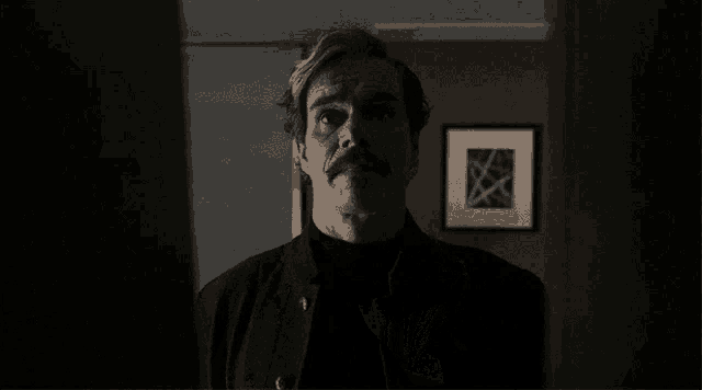a man with a mustache looks at the camera