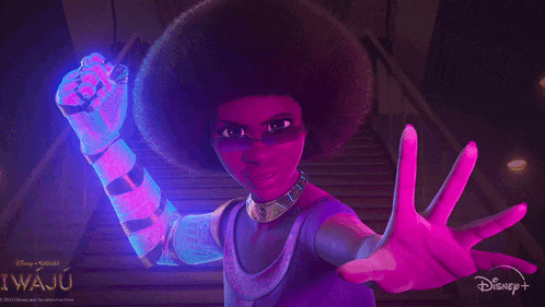 an advertisement for disney + shows a woman with purple hair