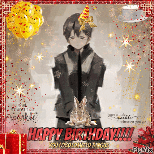 a picture of a boy wearing a party hat and a rabbit with the words happy birthday on it