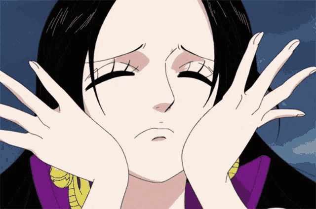 a woman in a purple dress is making a funny face with her hands on her face