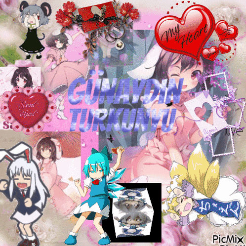 a collage of anime characters with a red heart that says my heart on it