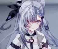 a close up of a anime girl with long white hair and a cat in her hand .
