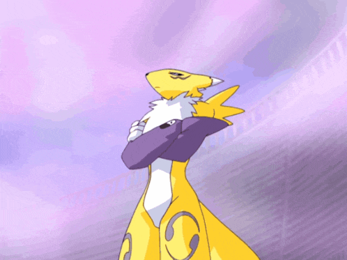 a cartoon drawing of a fox with purple arms