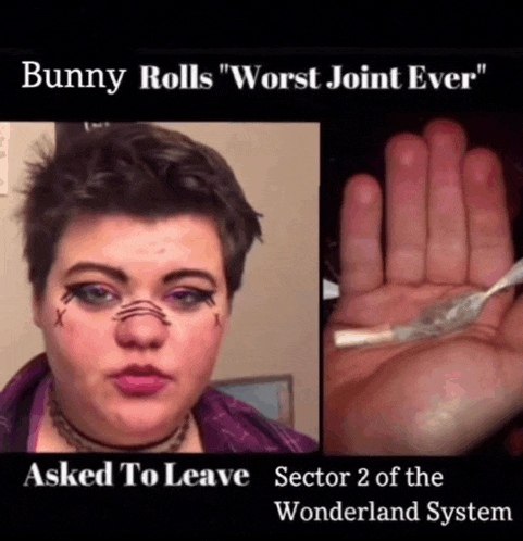 a woman with bunny rolls on her face and a hand holding a spoon with bunny rolls on it