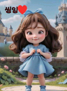a little girl in a blue dress with a bow on her head is standing in front of a castle