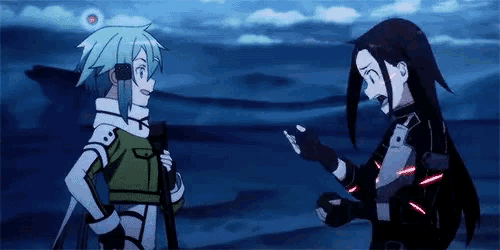 a couple of anime characters are standing next to each other and one of them is holding a gun