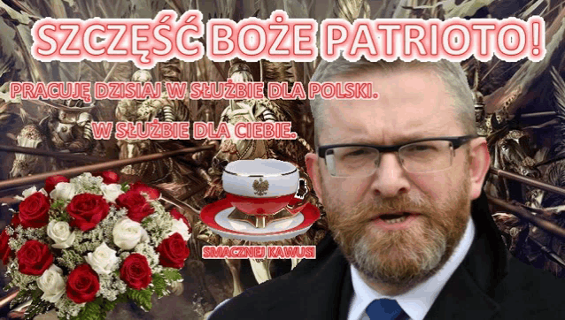 a man with glasses and a beard stands in front of a bouquet of red roses