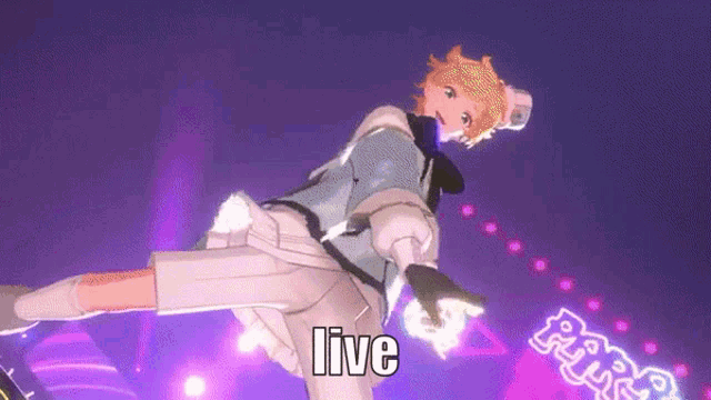 a cartoon character is dancing on a stage with the words `` live '' written on the bottom .