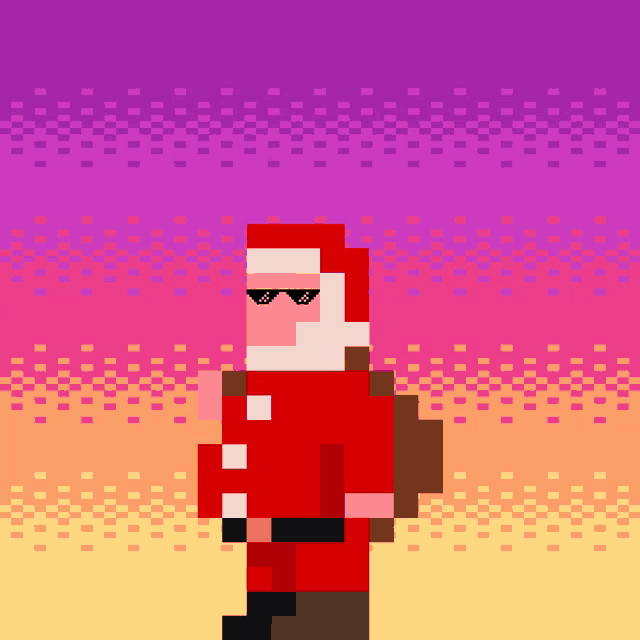 a pixel art of santa claus wearing sunglasses and carrying a bag of presents