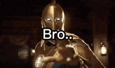 a man in a knight 's helmet is pointing at the camera with the word bro .