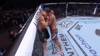 two men are fighting in a boxing ring sponsored by state chain ufc
