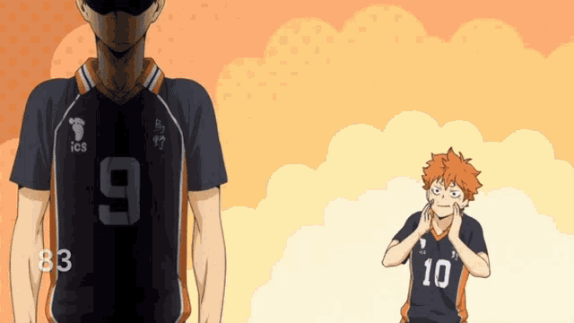 a man with the number 9 on his shirt stands next to another man with the number 10 on his shirt