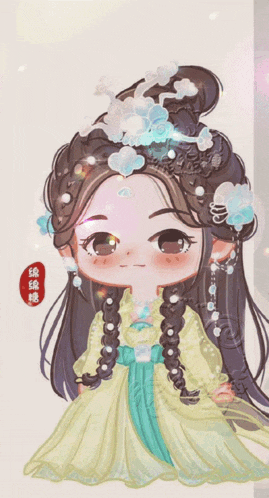 a cartoon drawing of a girl in a yellow dress with blue flowers in her hair