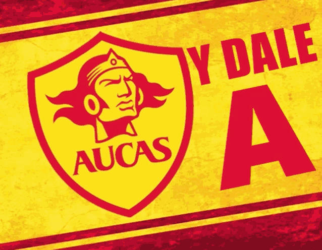 a yellow and red logo for aucas with a red letter a below it