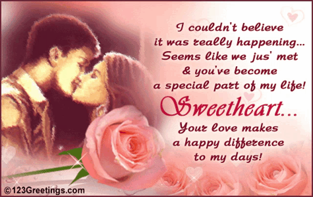 a greeting card with a picture of a couple kissing and the words sweetheart