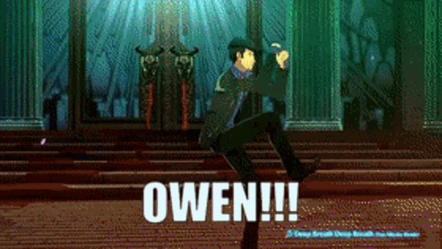 a pixelated image of a man dancing with the word owen on the bottom