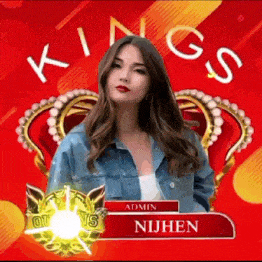 a woman in a denim jacket is standing in front of a red background with a crown and the words kings on it .