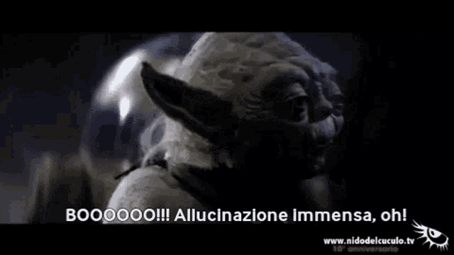 a close up of yoda 's face with the words boooo on the bottom