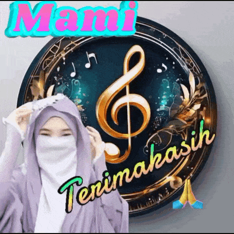 a woman wearing a hijab is standing in front of a sign that says terima kasih