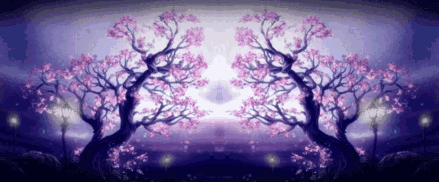 a painting of two trees with purple flowers