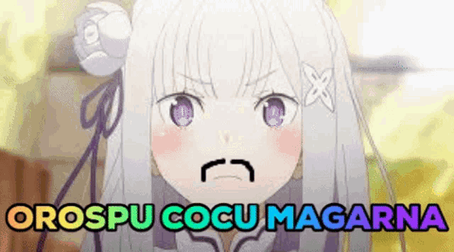a girl with purple eyes and white hair is making a funny face and says `` orospul cocu magarna '' .
