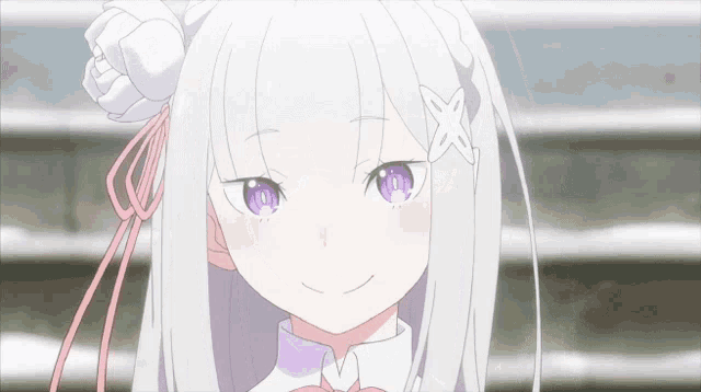 a girl with white hair and purple eyes has an x in her hair