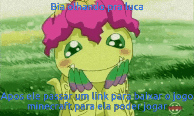 a cartoon character with a pink flower on its head and the words bia olhando pra luca