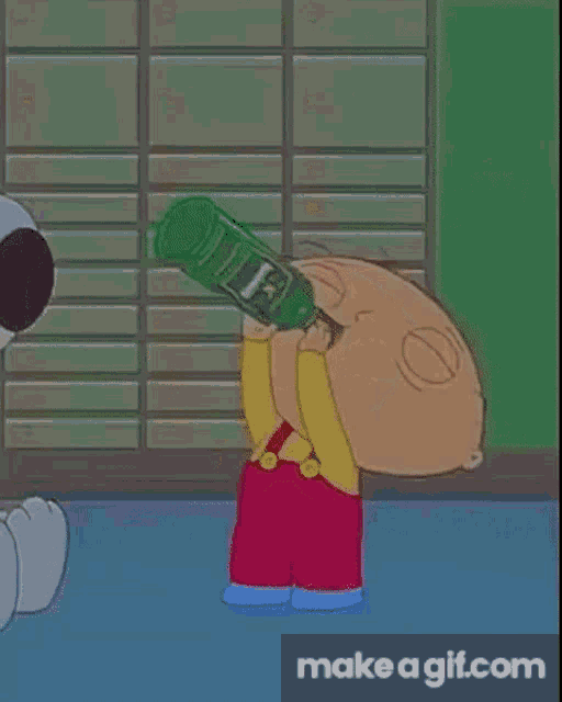 a cartoon of a man holding a bottle with the words make a gif.com at the bottom