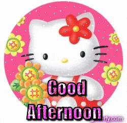 a hello kitty says good afternoon on a pink circle