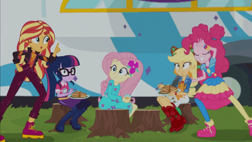 a group of girls are sitting on stump eating pancakes in a cartoon