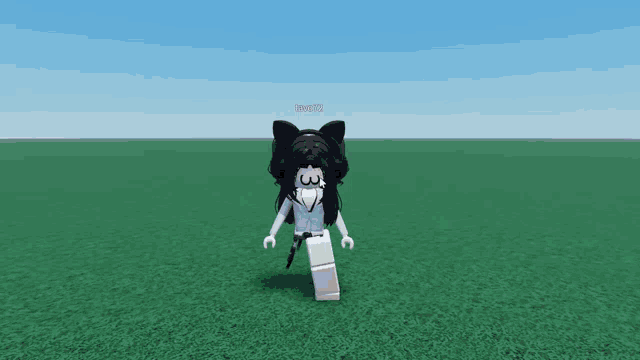 a 3d model of a girl with a cat ear standing in a grassy field with a blue sky in the background