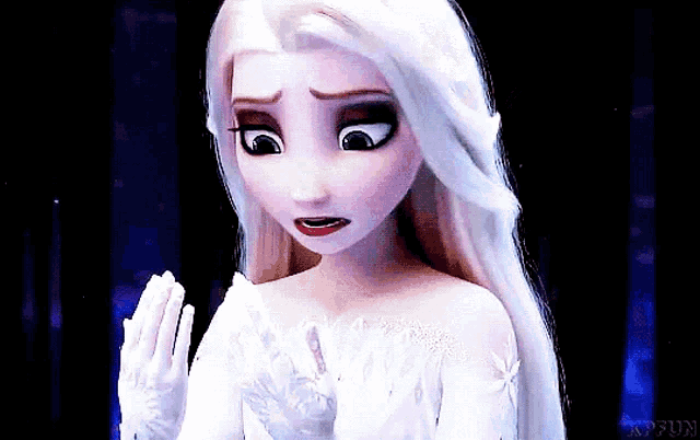 elsa from the movie frozen is wearing a white dress and gloves and making a sad face .