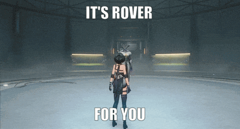 a video game character says it 's rover for you in a dark room